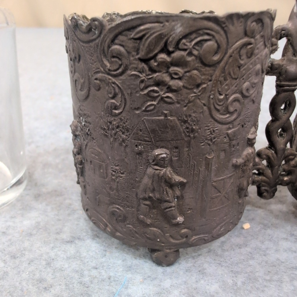 Vintage Dutch Windmill Cruet Set Glass Bottles Ornate Metal Caddy Village Scene - Picture 8 of 12